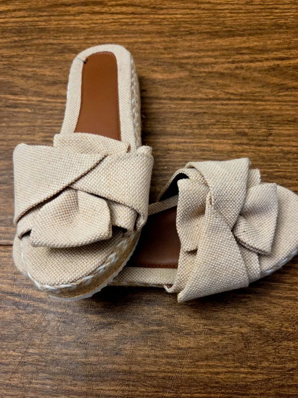Women's Beige Fabric Bow Platform Espadrille Open Toe Slide - Sz 7.5M